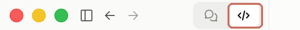 The top of the Claude desktop app with the code-brackets toggle marked